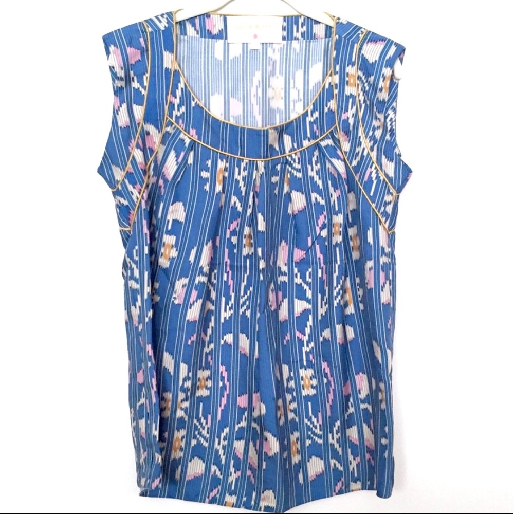 Lauren Moffatt Floral Striped Silk Blouse M Blue